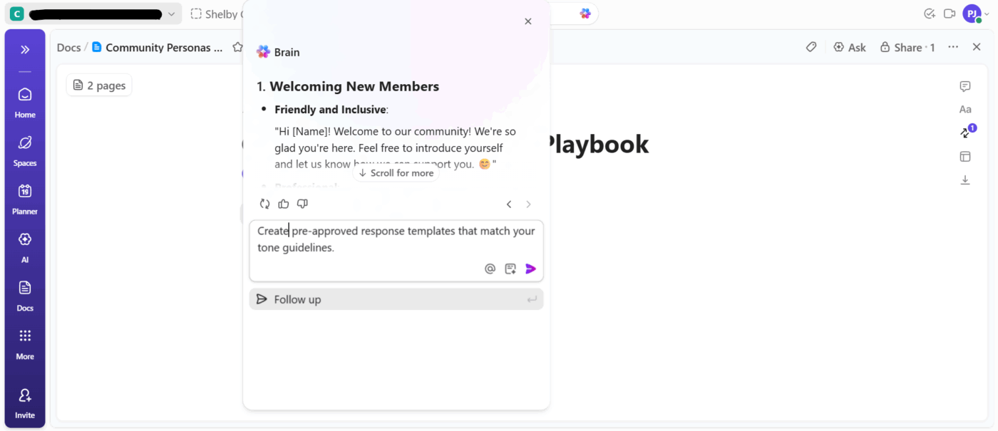Ask ClickUp Brain within ClickUp Docs to create templates for your tone guidelines with replies for different scenarios