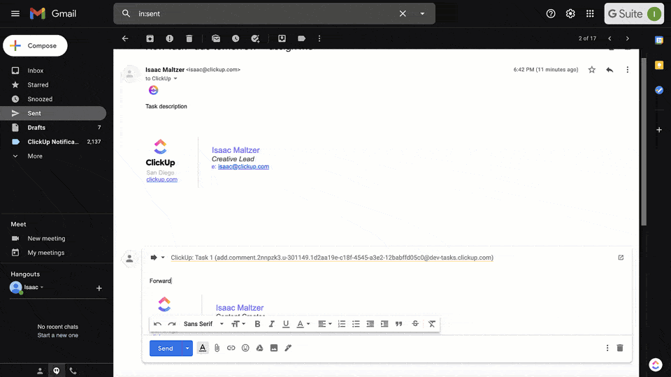 Auto-create tasks from starred or labeled emails via ClickUp Gmail Integration