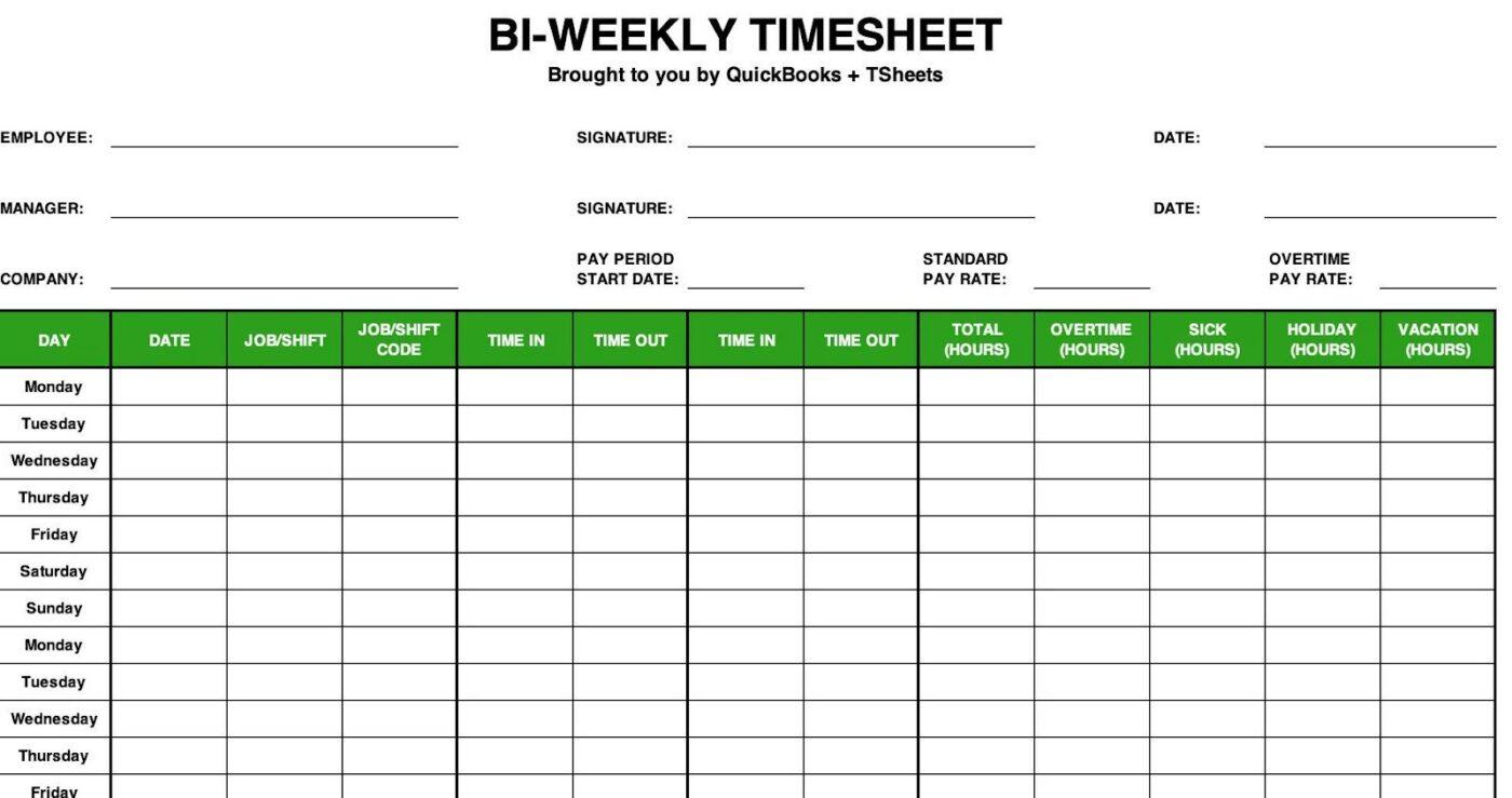 Bi-weekly timesheet template by QuickBooks
