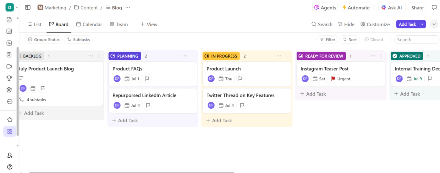 ClickUp Board View: Simply drag and drop tasks without much effort