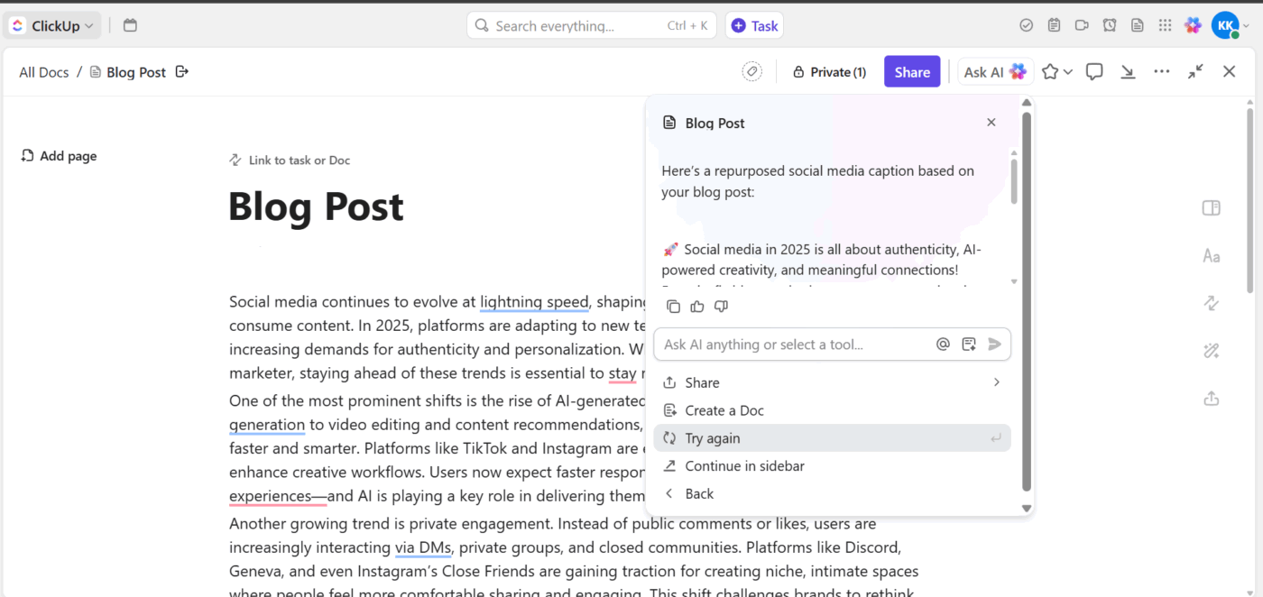 Use ClickUp Brain to speed up content creation across multiple social accounts with AI-powered writing tools