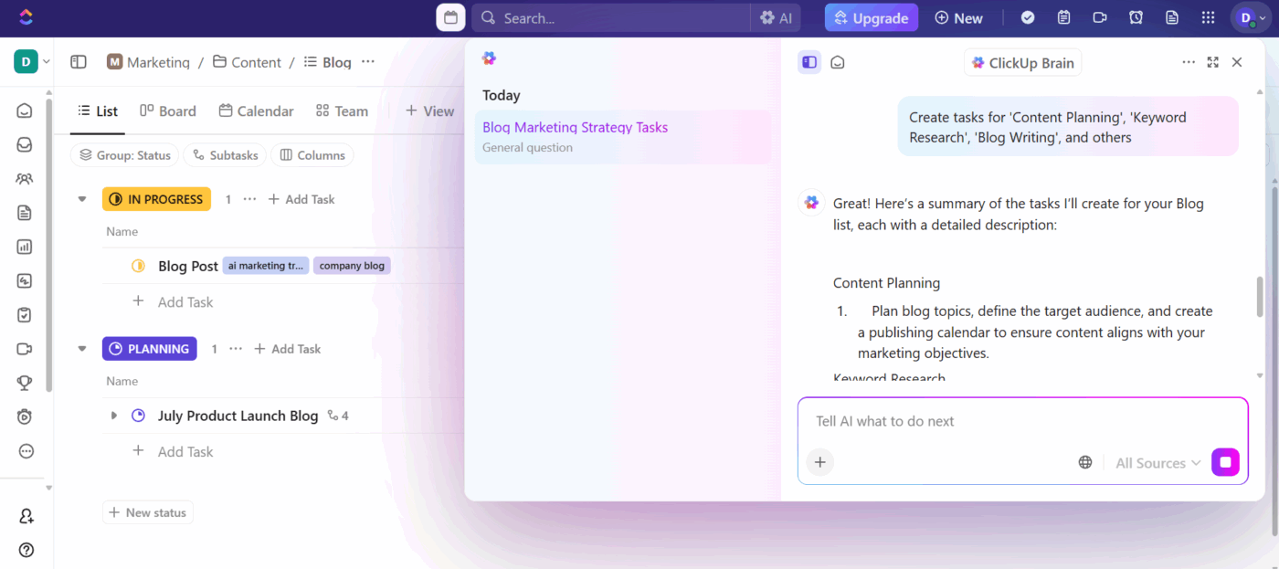 Take advantage of the built-in AI assistant inside ClickUp