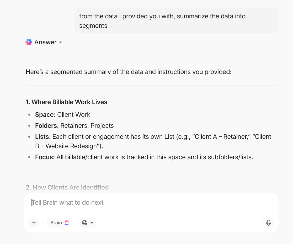 ClickUp Brain- Excel Time Tracking