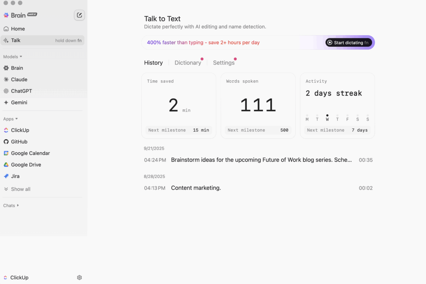 ClickUp Brain MAX’s Talk to Text- crm integration with whatsapp