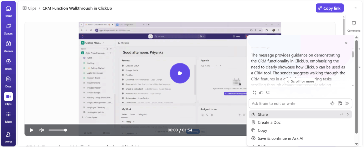 Generate a meeting summary by leveraging ClickUp Brain’s Summarize in the right bar