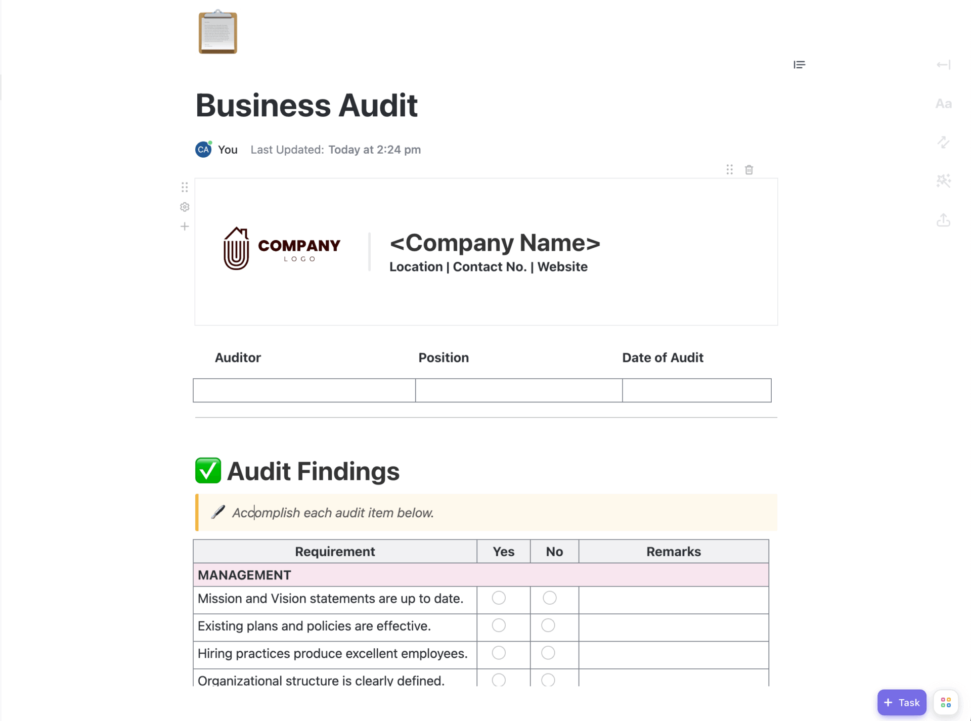 ClickUp Business Audit Doc Template- HR Audit Checklist