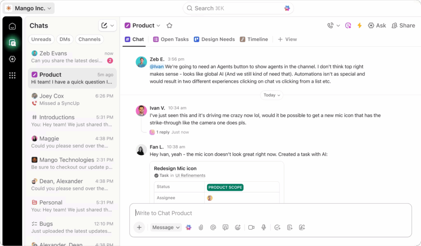 ClickUp Chat: Instant sharing with messaging key features