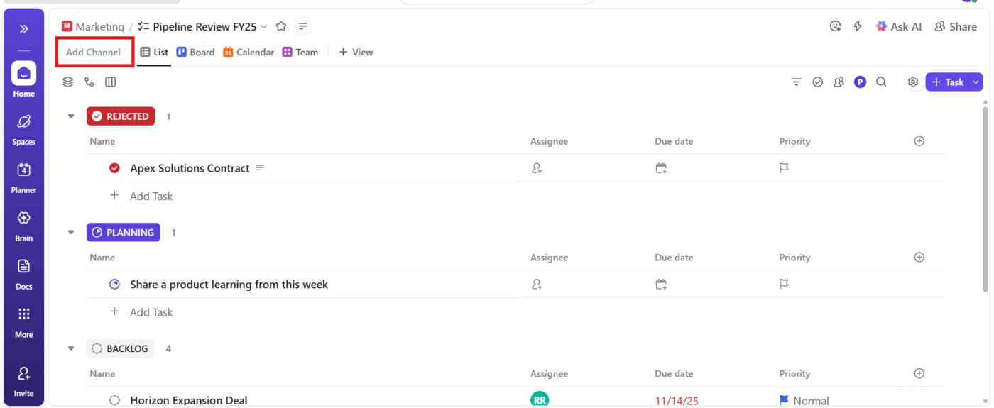 Click ‘Add Channel’ to connect a ClickUp Chat Channel to your space