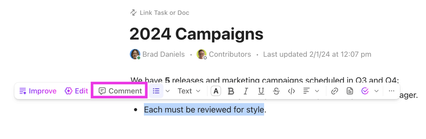 ClickUp Comments: Discussion thread area enabling collaboration directly within tasks