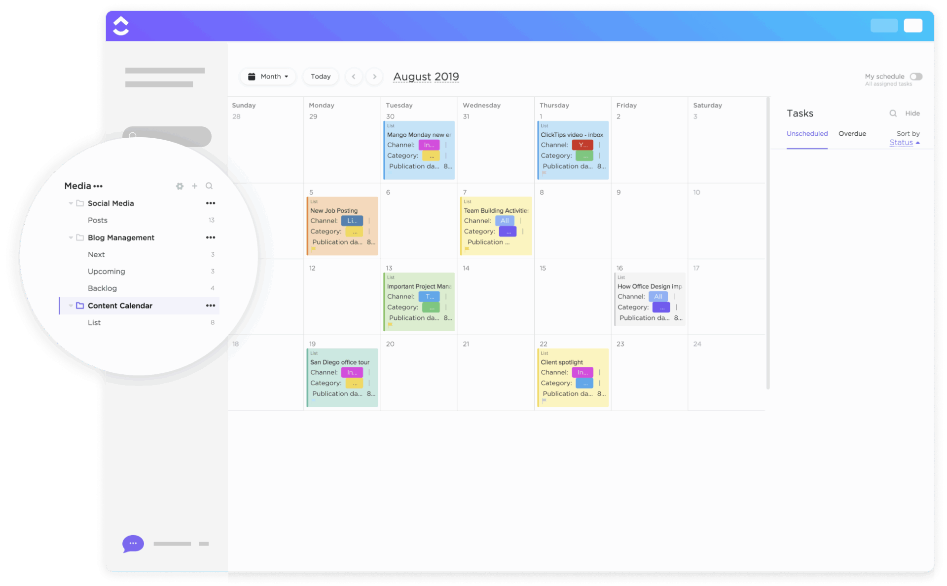 ClickUp Content Calendar Template: Plan schedule and organize content across channels with clear deadlines