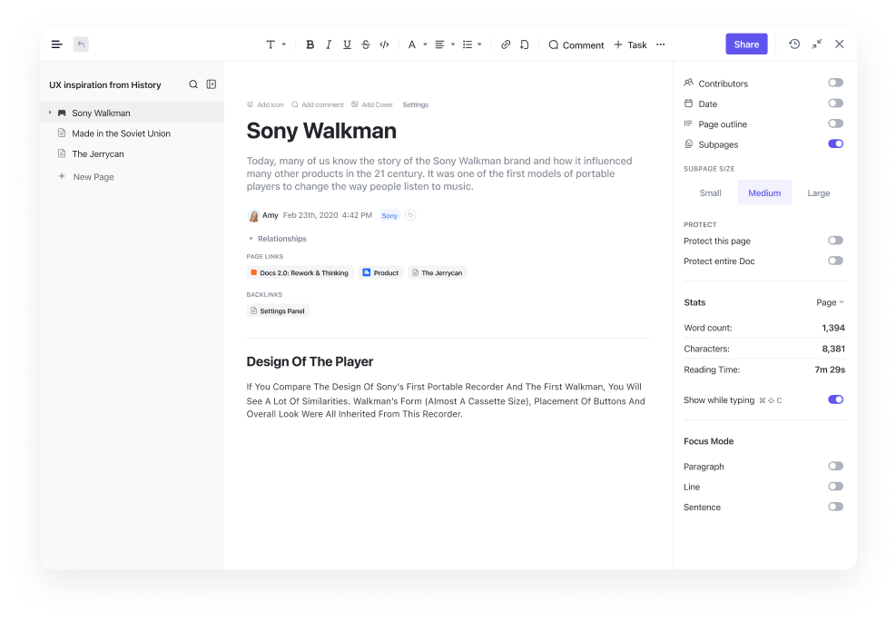 ClickUp Docs: Collaborative document editor acting as a powerful tool for teams