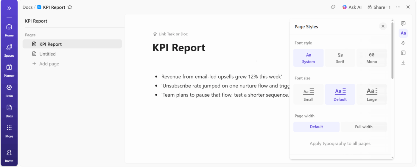 ClickUp Docs: Monitor KPIs and ensure data visualization for metrics like net promoter score and employee satisfaction
