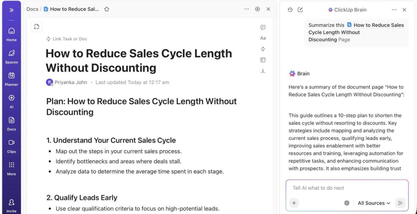 ClickUp Docs: Maintain sales playbooks for Indian businesses