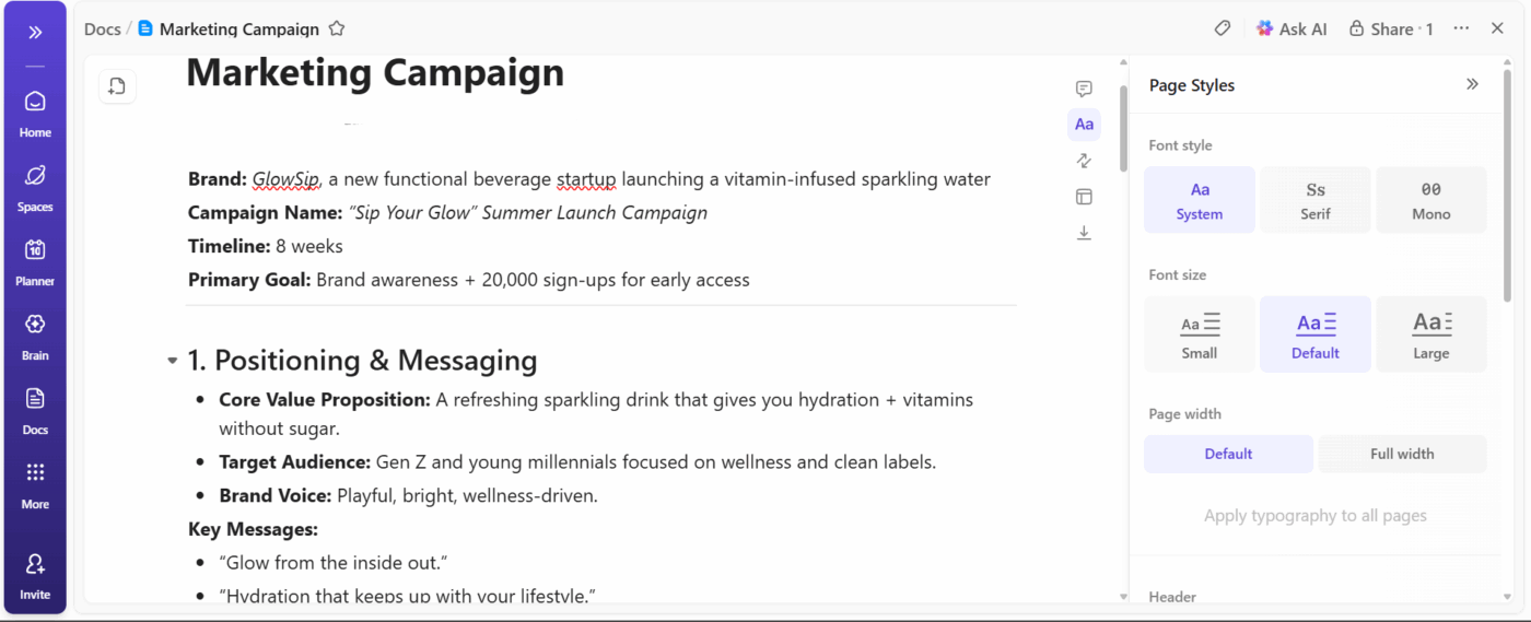 ClickUp Docs: centralized hub for shaping your brand message and organizing insights that improve brand awareness