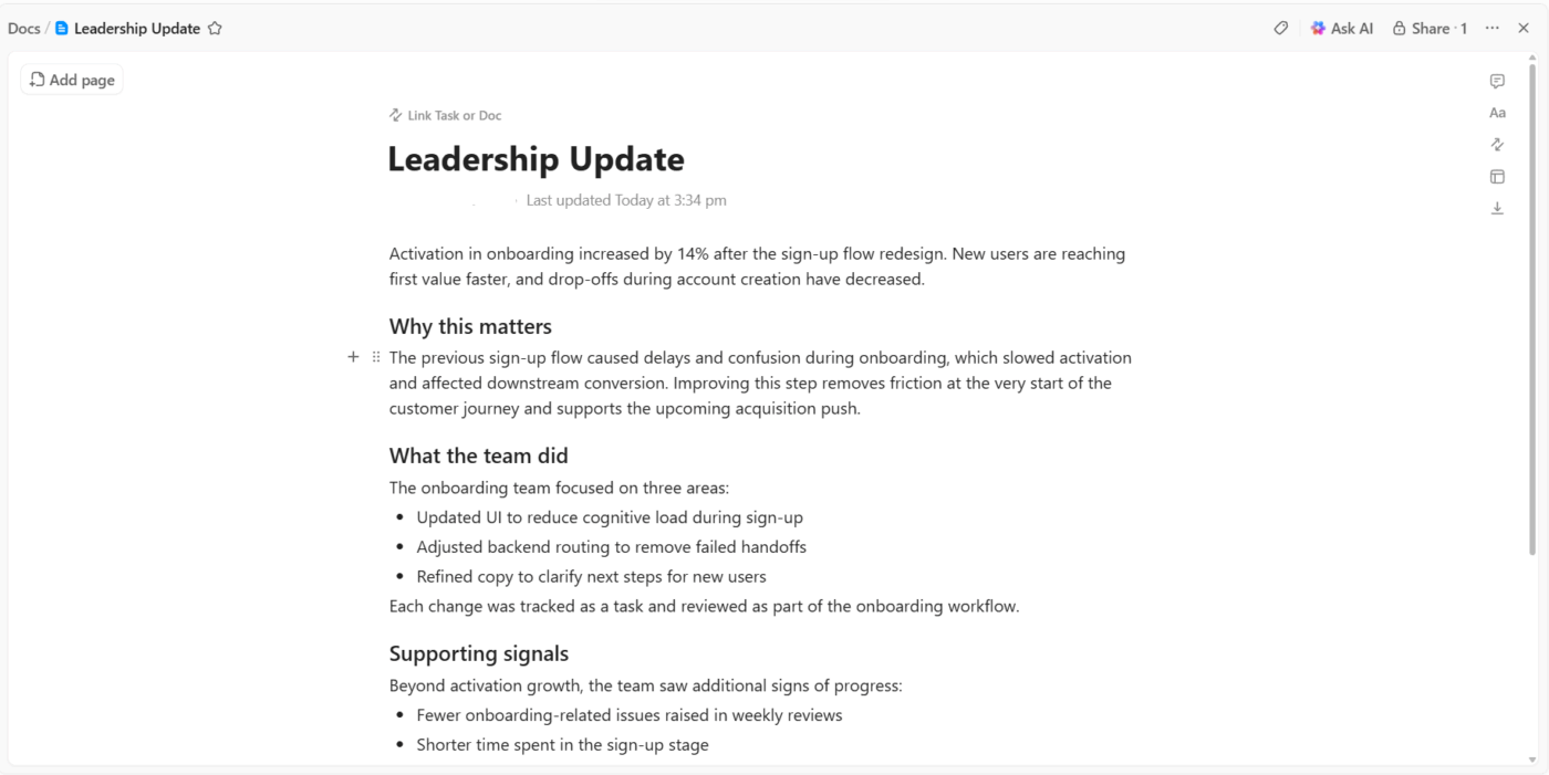 ClickUp Docs: Organize leadership updates to effectively communicate with your entire organization