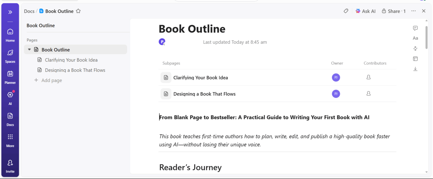 ClickUp Docs: Outline chapters with nested pages instead of juggling files like Google Docs