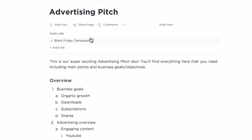 Link Docs to tasks in ClickUp to unify social media efforts of the social media world and keep everyone aligned in real time