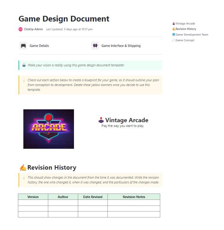 ClickUp Game Design Document Template- Video Game Template