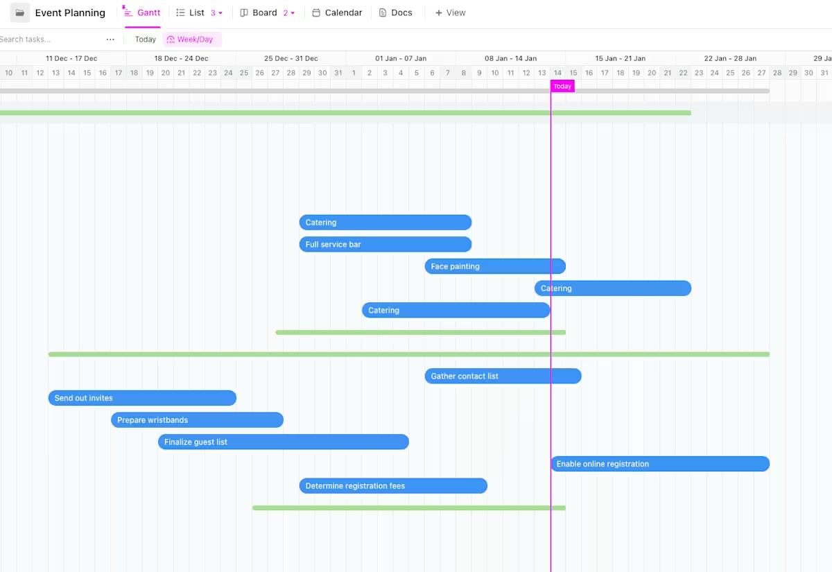 Create ClickUp Gantt Charts to visualize your event workflow while connecting with other tools like Google Drive, Jira, and Outlook
