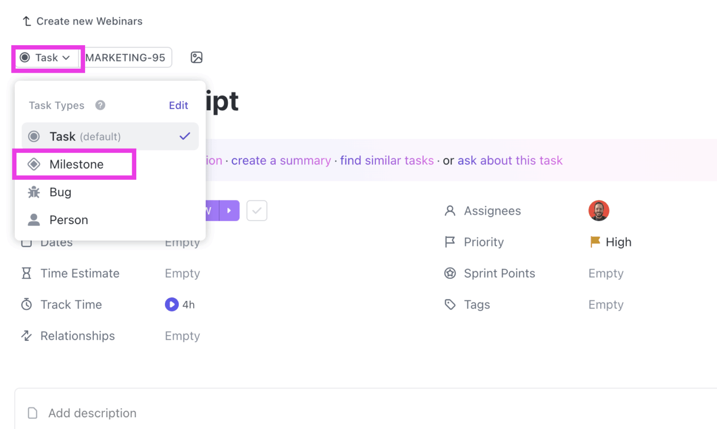 ClickUp Milestones: Primary markers in your timeline for big events