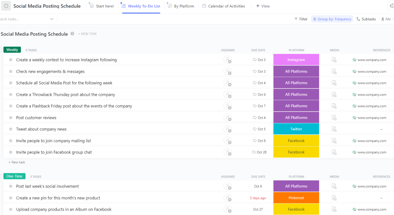 Build a consistent publishing schedule using ClickUp's posting schedule template, great for social media marketers to reach target social media users 