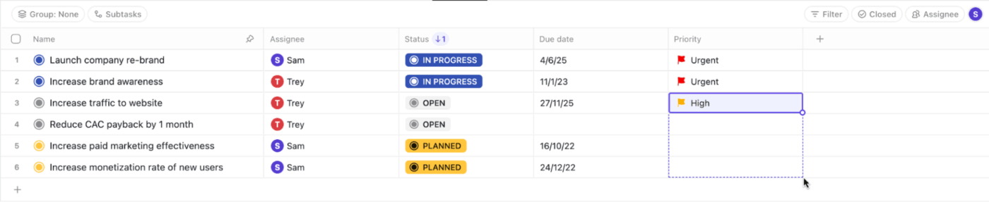 ClickUp Table View: See tasks in a spreadsheet style layout ideal for teams shifting from a free account in Airtable