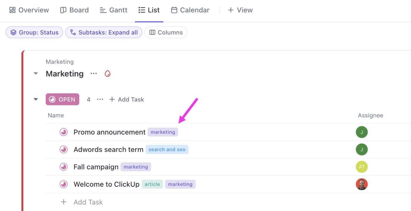 ClickUp Task Tags: Color-coded markers used for quick categorization