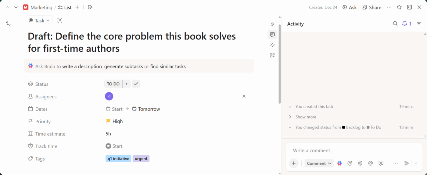 ClickUp Tasks: Central resource planning software to record team skills and qualifications
