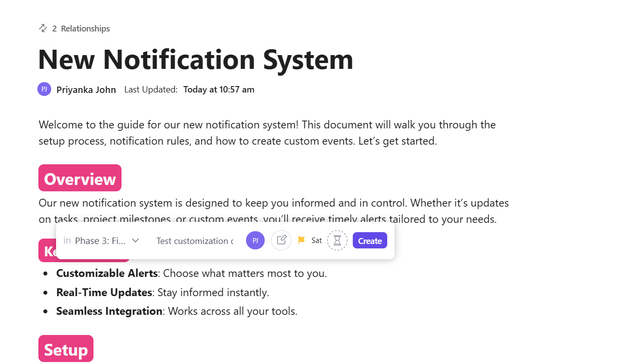 ClickUp Tasks: Assign fixes in Docs based on current performance and specific challenges