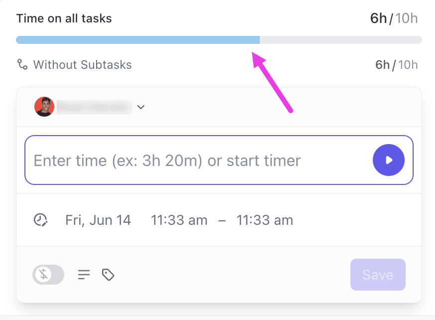 ClickUp Time Tracking: Built-in tracker showing how long tasks take