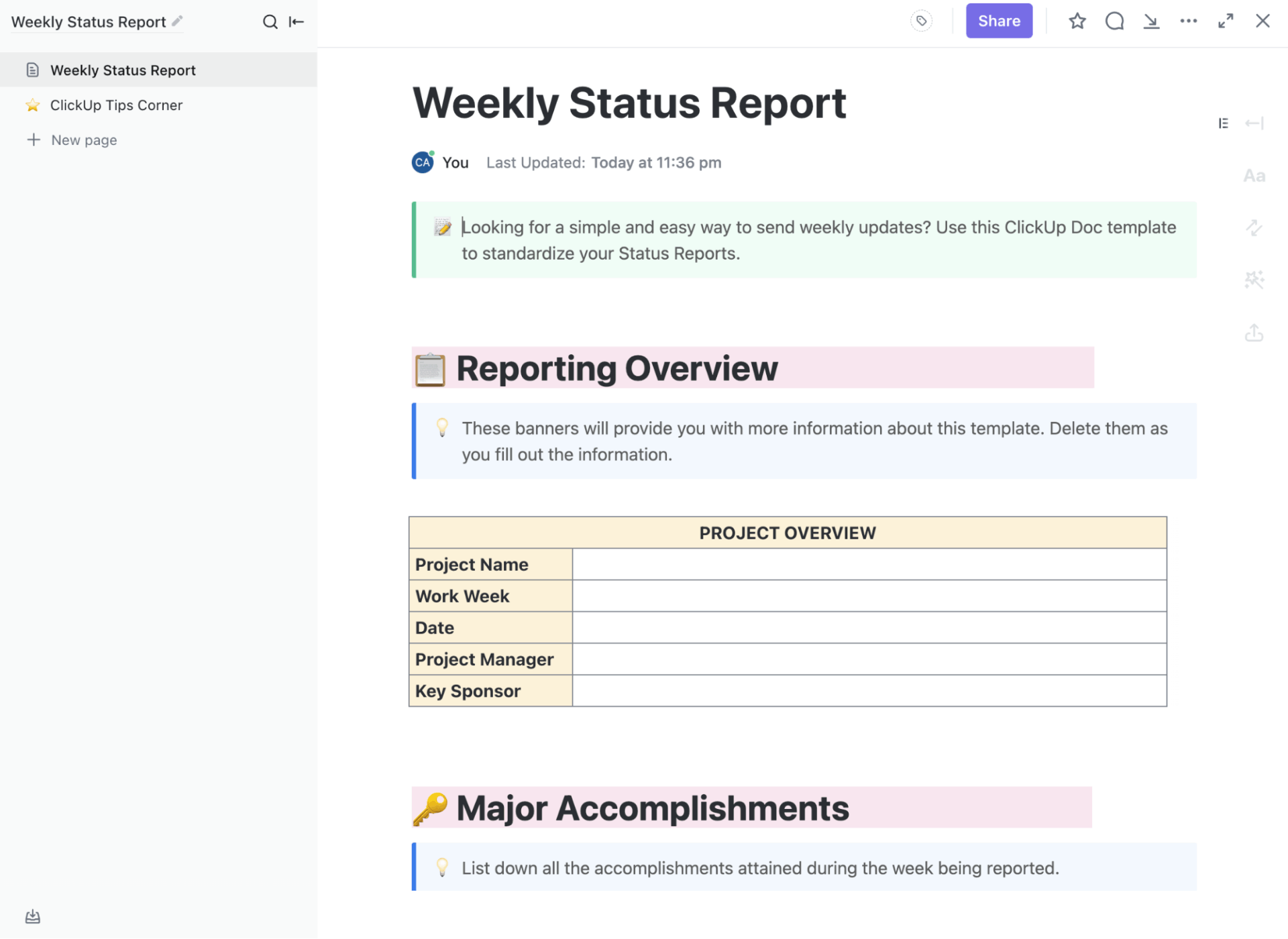 ClickUp Weekly Status Report Template to decide on actions with body language and eye contact understanding