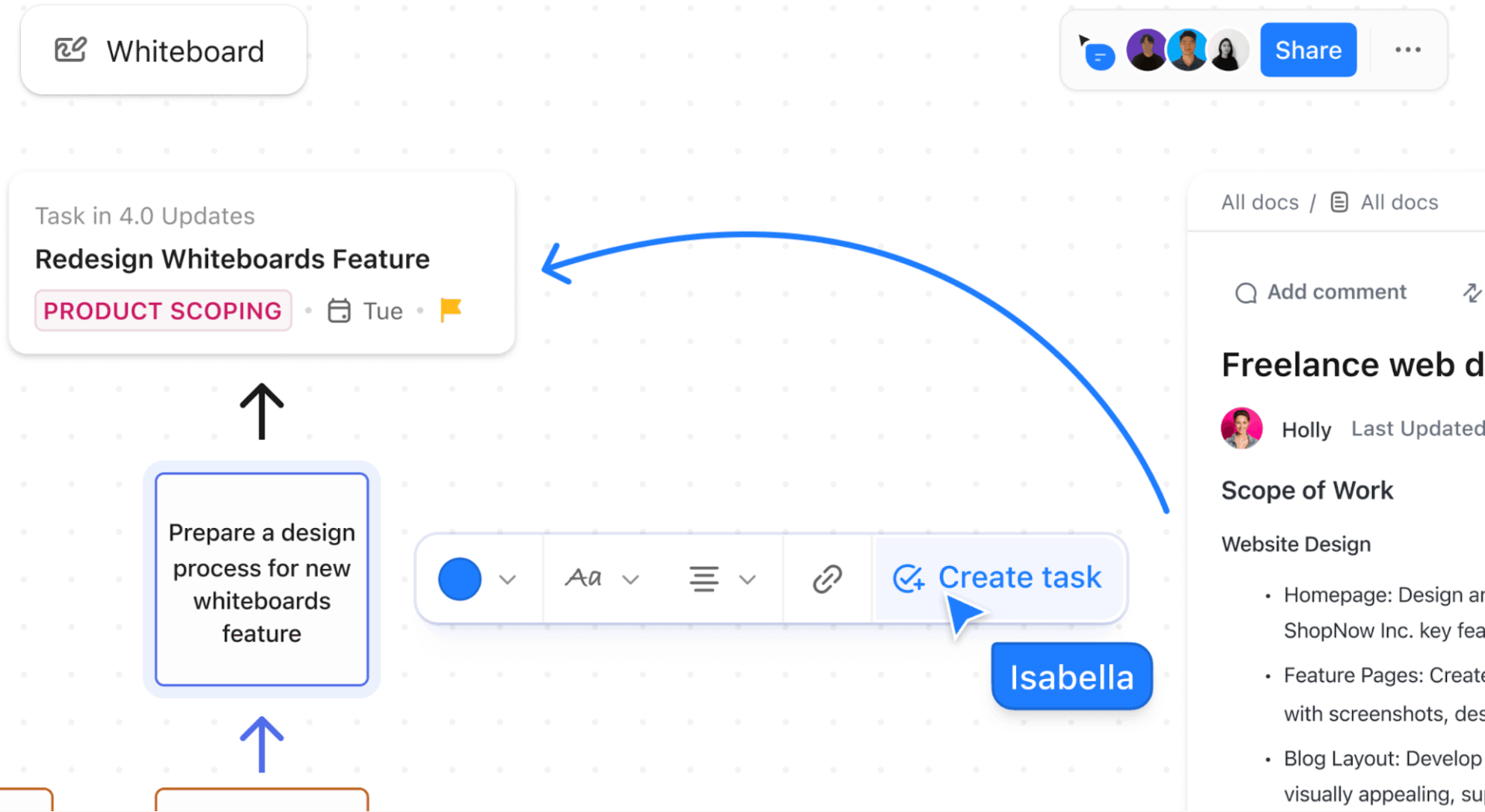 ClickUp Whiteboards: Visual canvas to map story arcs and clarify ideas before you start writing