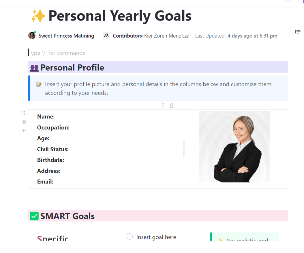 ClickUp Yearly Goals Template- simple fire tracker