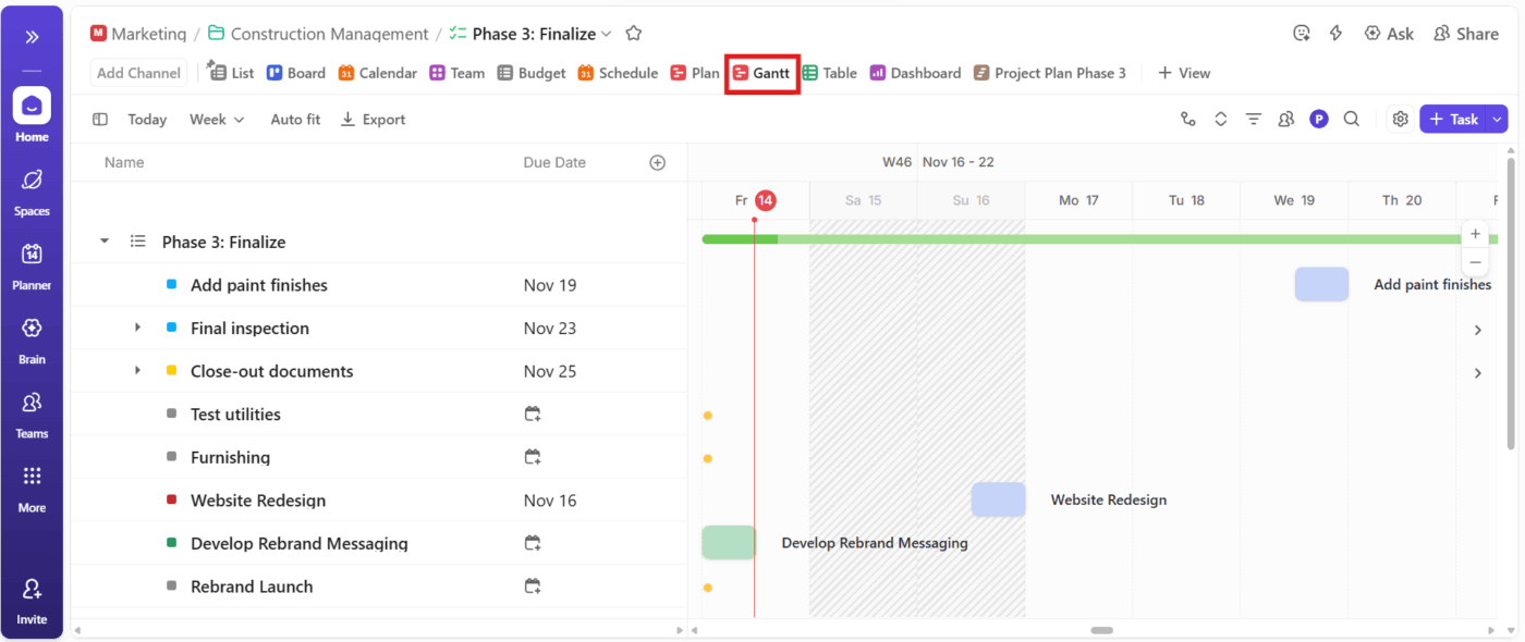 ClickUp's Gantt Chart View- Product Launch Playbook