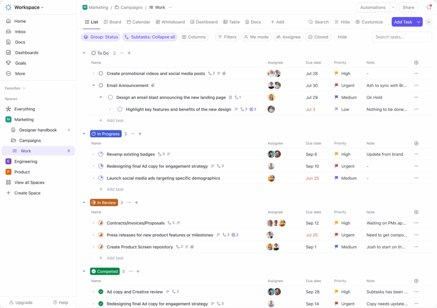 ClickUp List View: Plan doc deliverables by understanding the current state