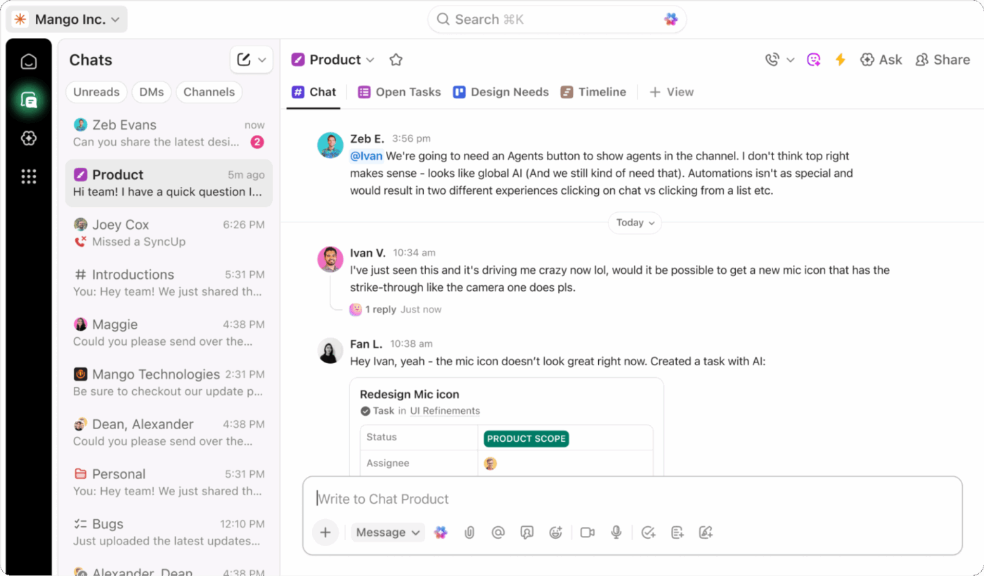 Turn updates into Tasks, share insights, and stay aligned on your pipeline reviews with ClickUp Chat