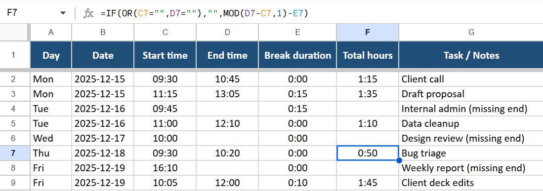 Conditional formatting for missing entries- Excel Time Tracking