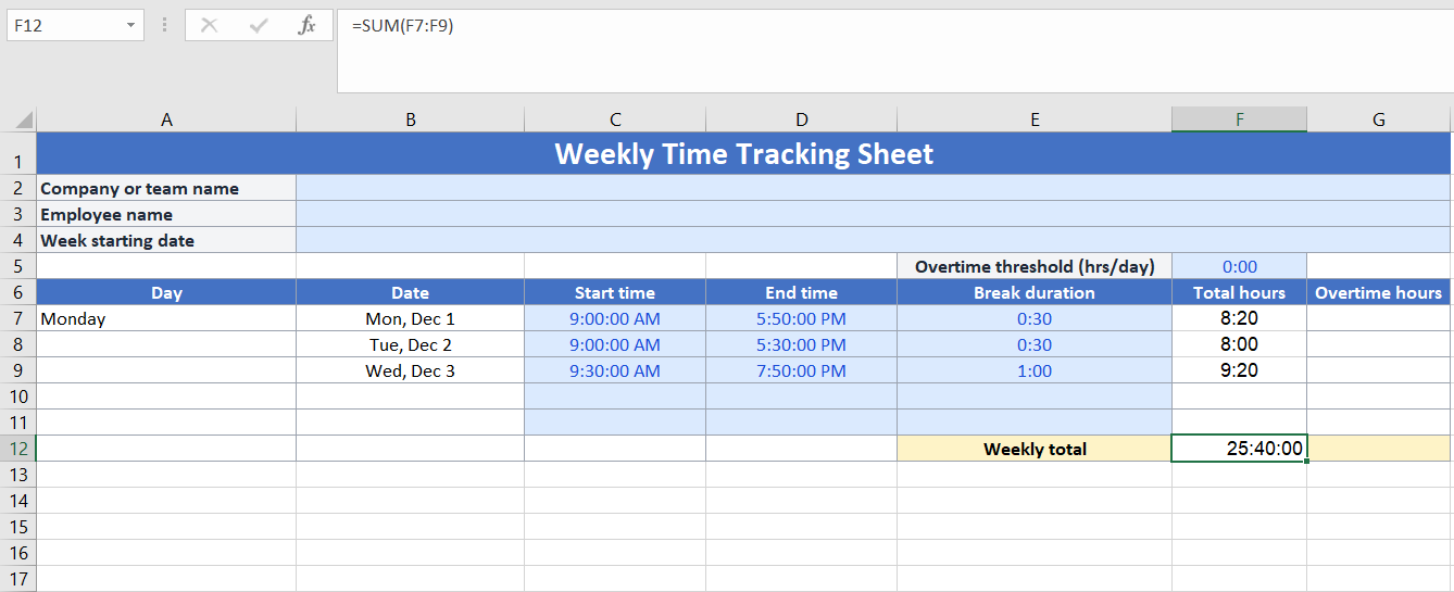 Step 5 Copy formulas down and test- Excel Time Tracking