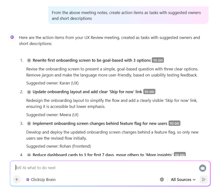 Create action Items as tasks with descriptions using ClickUp Brain- How to Improve Your Product's UI and UX