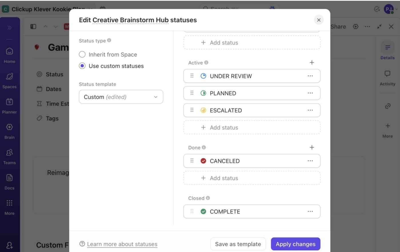 ClickUp Custom Statuses: how to replace internal brainstorming sessions on Zoom with ClickUp SyncUp