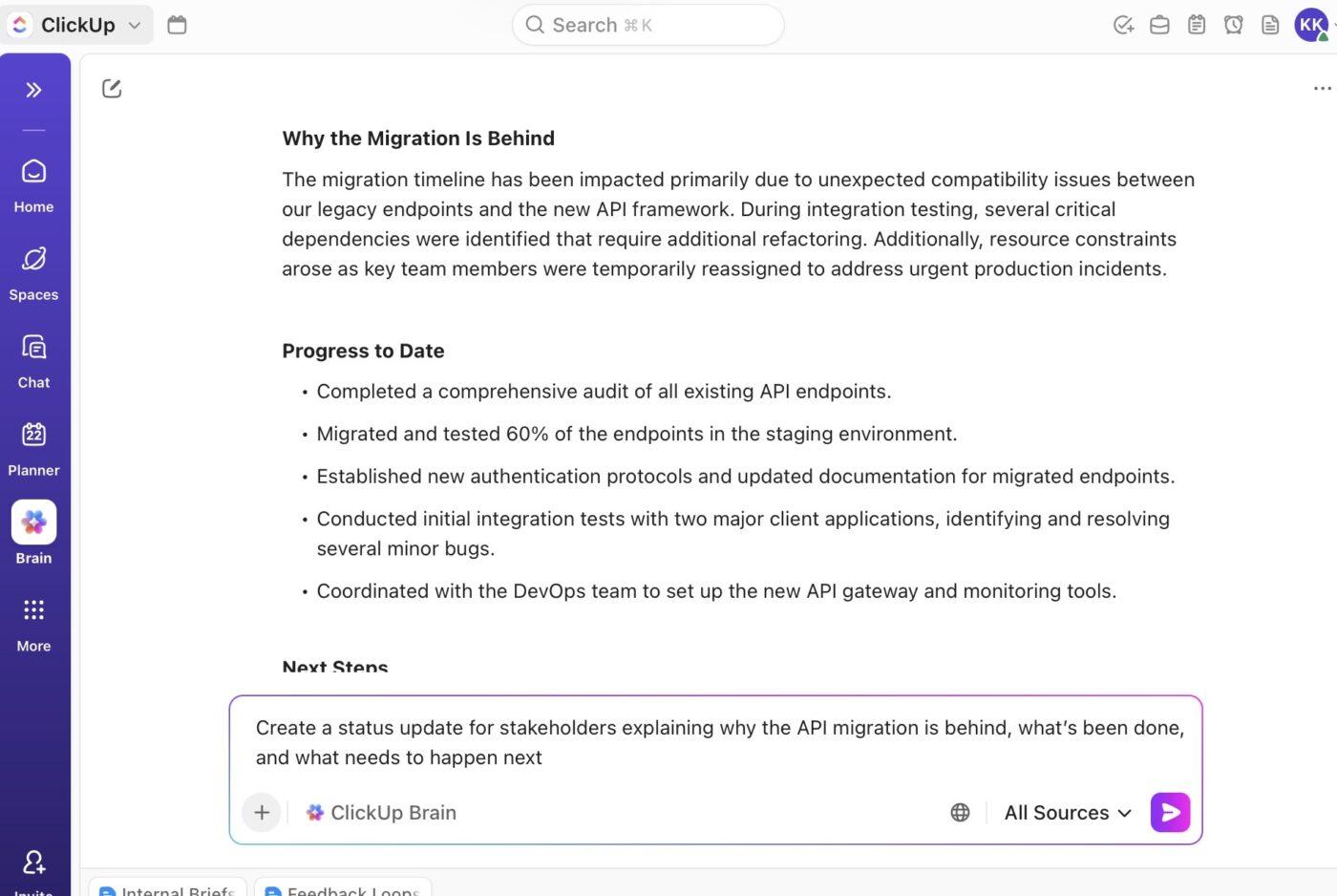 ClickUp Brain: Create stakeholder-ready updates and standups