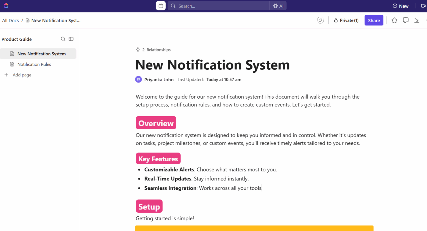 ClickUp Docs: Create collaborative product guides aligned to your organization's strategy and identify gaps in product documentation