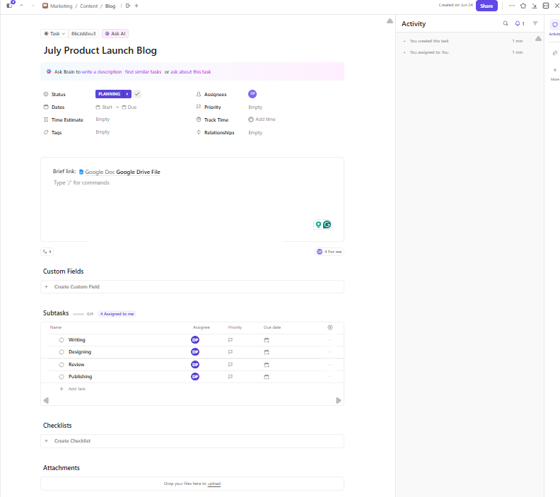 Add all the necessary information to your ClickUp Task