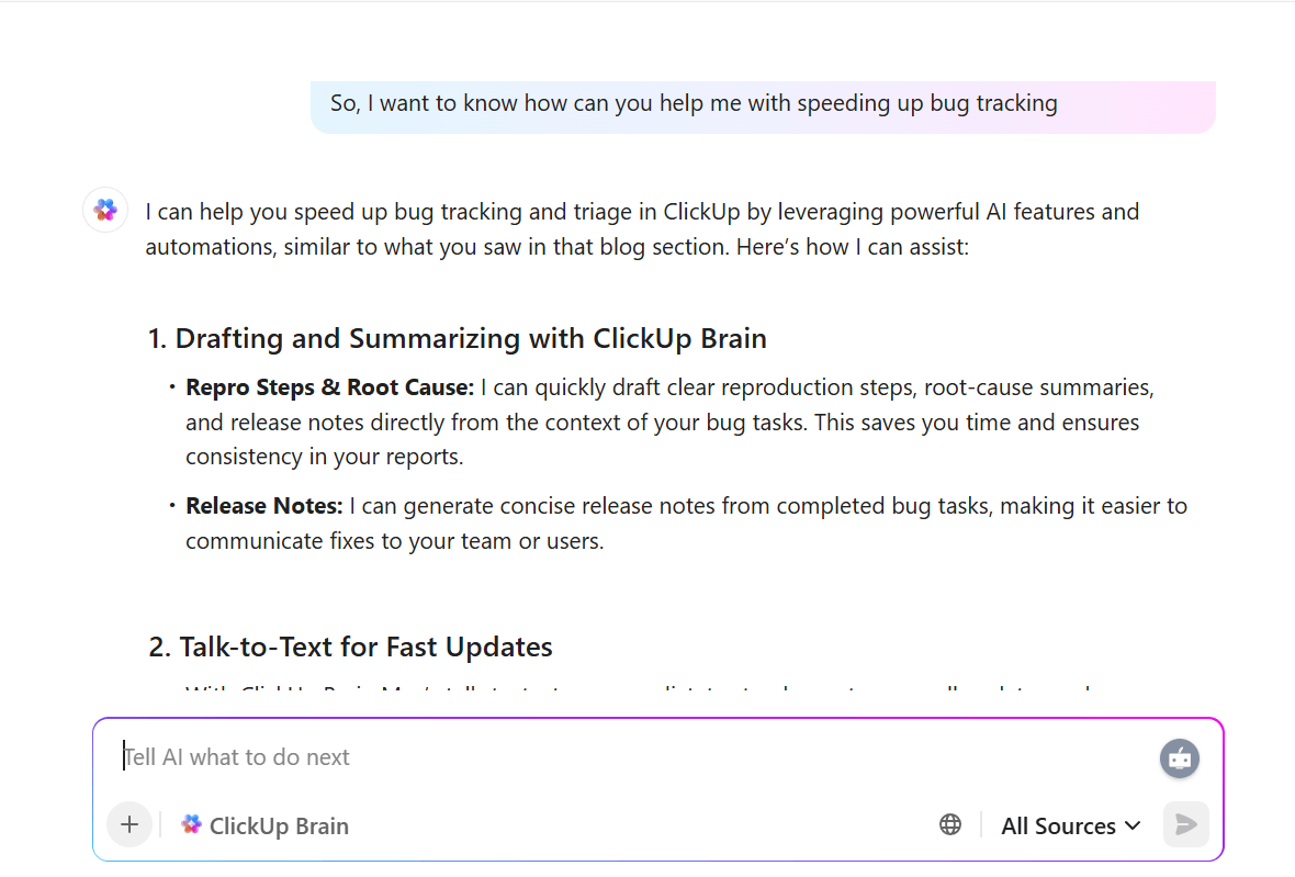 Draft repro steps, summarize root causes, and automate release notes with ClickUp Brain
