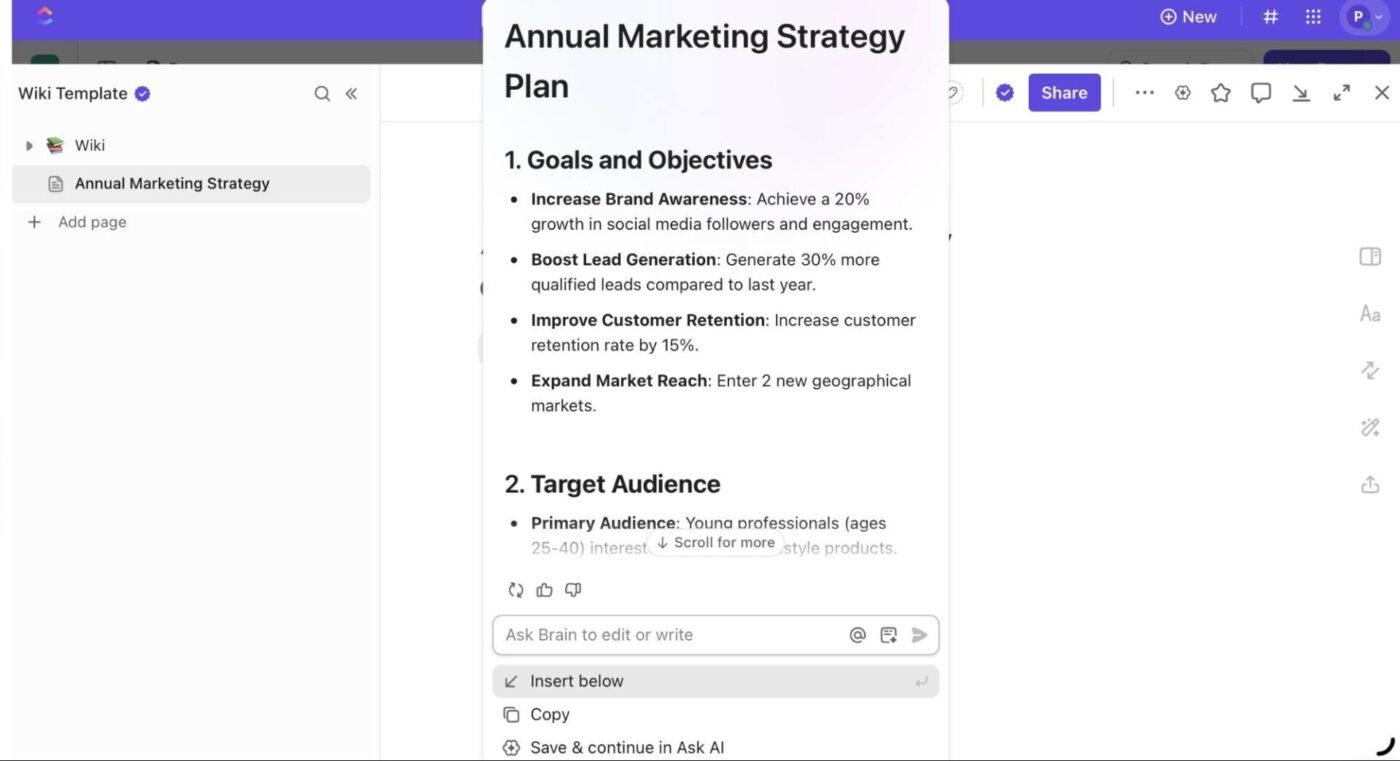 ClickUp Brain in Docs: Write summarize and refine content inside Docs with AI tuned to workspace context