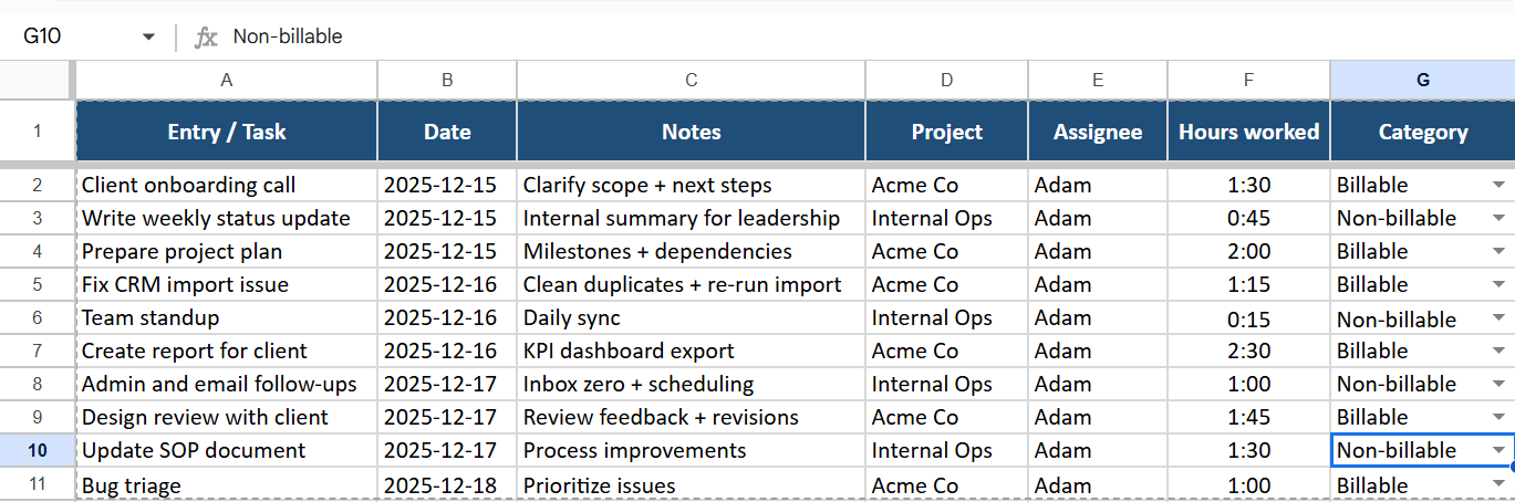 Excel Formulas for Time Tracking- Billable vs non-billable split