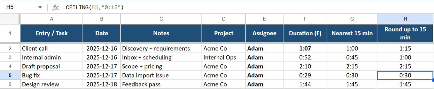Excel Formulas for Time Tracking- Time Rounding for 15 min