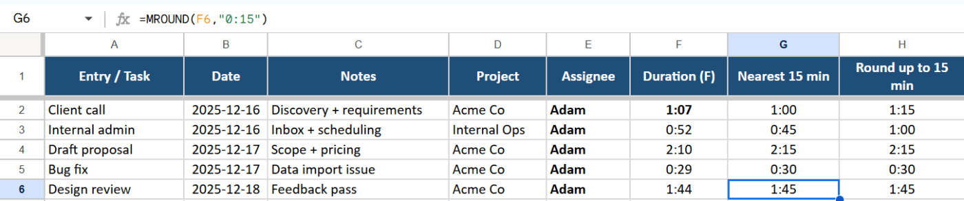 Excel Formulas for Time Tracking- Time Rounding in 15 min Block