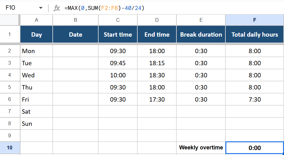 Excel Formulas for Time Tracking- Weekly overtime