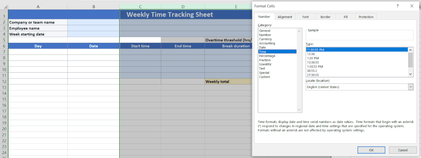 Step 2 Format your time columns- Excel Time Tracking